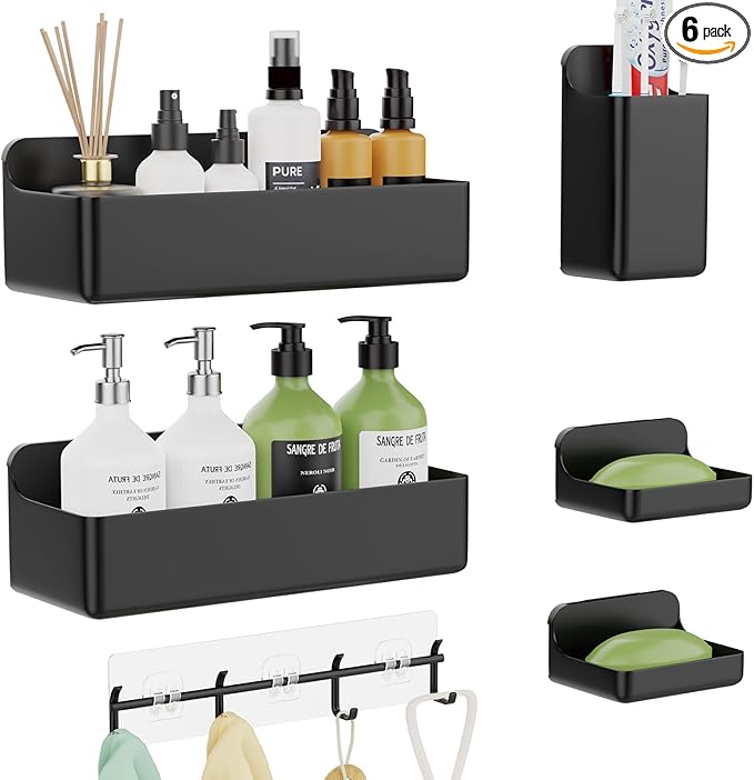 Adhesive Shower Caddy 6 Pack Rustproof Shower Shelves for Inside Shower No Drilling Bathroom Organizers and Storage with Soap Holder Large Rack Clear Black