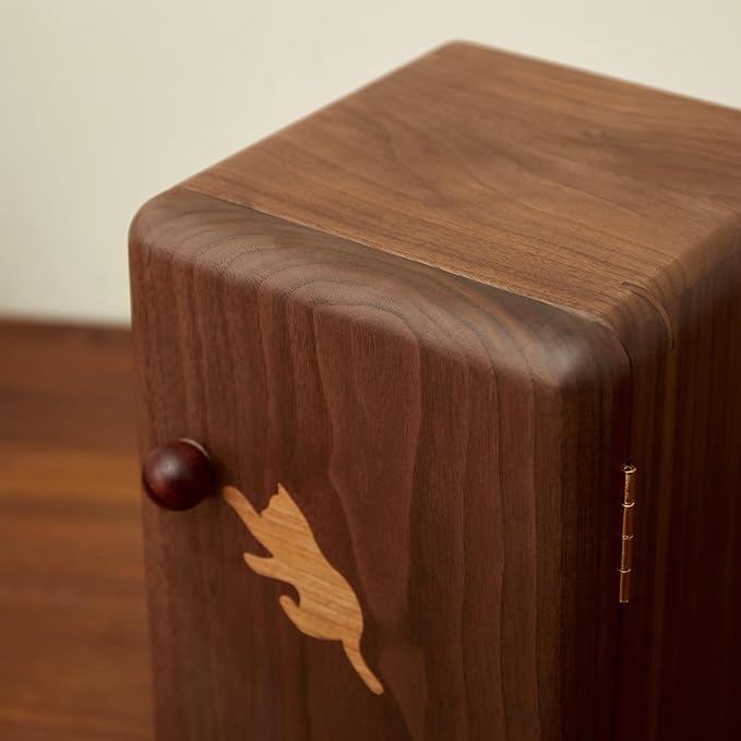 Black Walnut Solid Wood Cabinet Jewelry Box for Women, Large Velvet Lined Organizer with 6 Drawers, Cherry Wood Cat Inlays, Rosewood Handles, Gift for Her