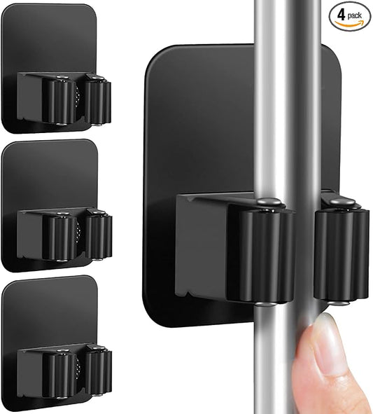 4 Pack Broom Holder Wall Mount, Improved Super Anti-Slip Mop and Broom Holder Wall Mount, Broom Hanger Gripper for Kitchen, Bathroom, Closet, Garden Garage, Black | Super Anti-Slip, Mop and Broom Holder, Broom Hanger Gripper, for Kitchen, Bathroom, Closet