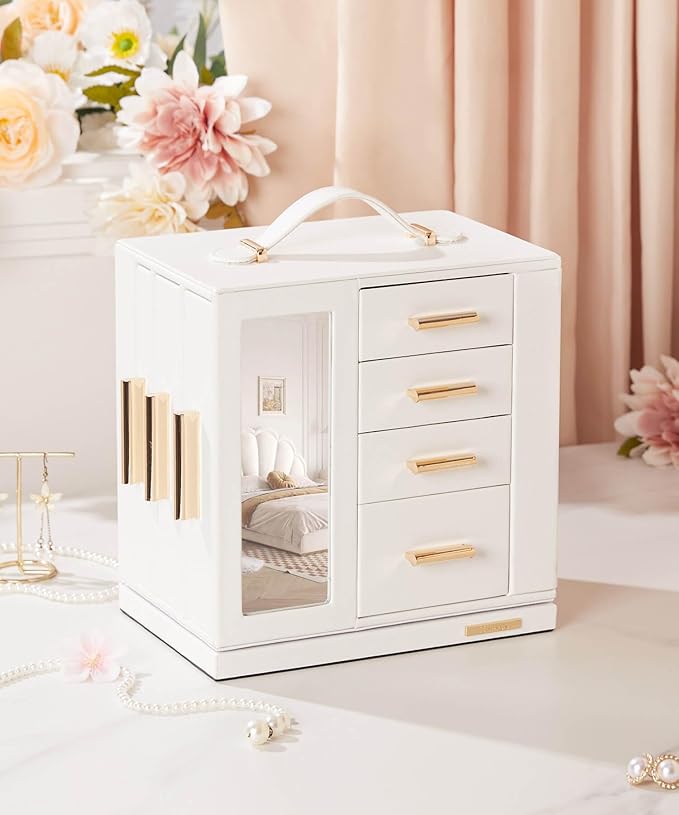 Homde Mothers Day Gifts Jewelry Box 360° Rotating, Necklace Earring Organizer with Transparent Window, Mirror, 7 Drawers, Large Ring Display Storage Case for Girls Women (White)
