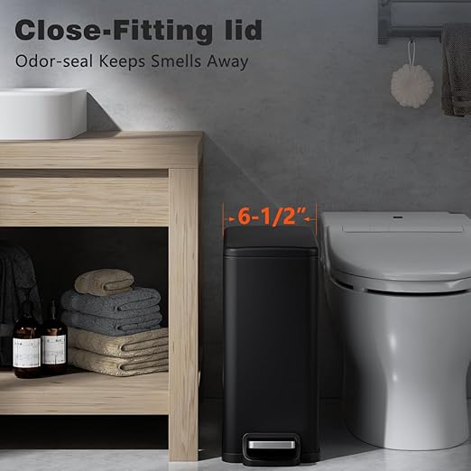 Slim Bathroom Trash Can with Lid Soft Close, 2.6 Gallon Stainless Steel Garbage Can with Removable Inner Bucket, Durable Step Pedal, Small Trash Bins for Toilet, Bedroom, Kitchen, Office