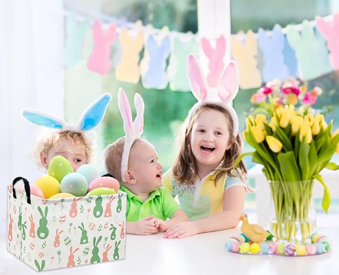 Easter Baskets for Kids Gift Bunny Basket Empty for Boys and Girls Rectangular Toy Storage Bins Organizer Bin Box Cute Egg Room Decor for Home(Easter Bunny)