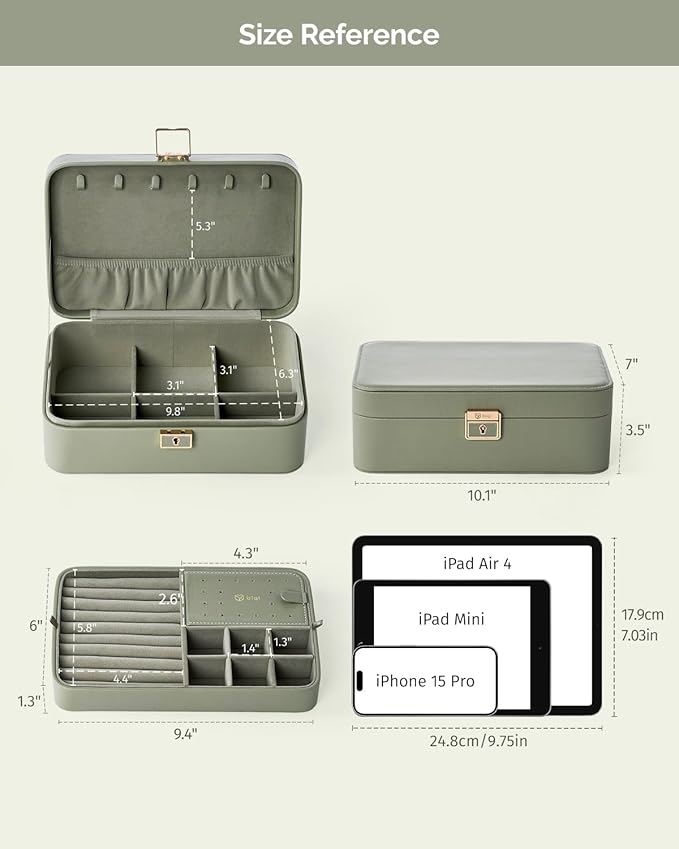 Jewelry Box, 2-Layer Jewelry Holder Organizer with Lock, Removable Jewelry Tray for Earrings Necklaces Bracelets, Green