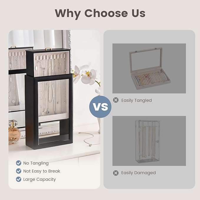 Lolalet Upgraded Double-Sided Hanging Necklace Organizer Box, Jewelry Display Case with Double-Sided Clear Window for Necklaces Bracelets, Tangle-Free Necklace Storage Box, Mothers Day Gift