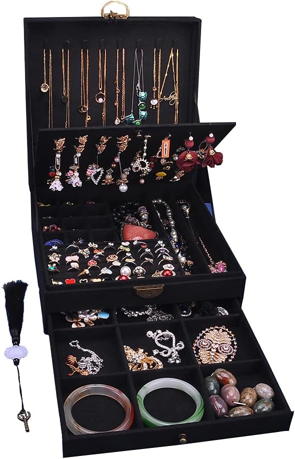 Women Jewelry Box Lockable 3 Layers Large Jewelry Organizer Storage Case for Earrings Necklaces Rings Bracelets,Green Display Jewel Holder (Black)