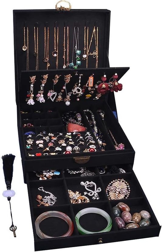Women Jewelry Box Lockable 3 Layers Large Jewelry Organizer Storage Case for Earrings Necklaces Rings Bracelets,Green Display Jewel Holder (Black)