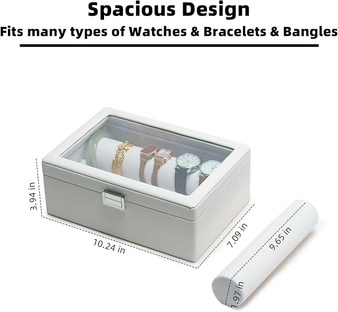 Bracelets Organizer Rods Bangles Display Holder, Clear See through Lid Leather Velvet Jewelry Storage Box Case for Women, 2 Rods White Leather