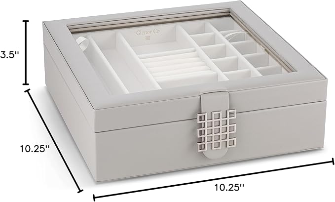 Glenor Co 28 Section Jewelry Box - 2 Layer - Buckle Snap & Magnet Closure - Large Glass Top - Leather Design - Grey - Jewelry Organizer for Women & Girls - for Earring Ring Necklace & Bracelet