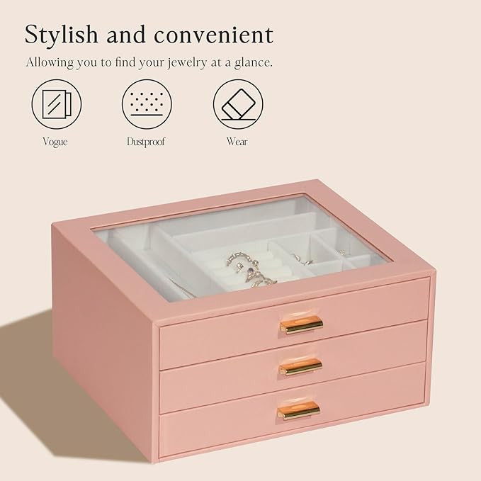 Jewelry Box Organizer with 3 Drawers,Glass Lid Jewelry Boxes for Women,Jewelry Storage for Rings,Necklaces,Earrings,Bracelets,Interesting Gift,Pink