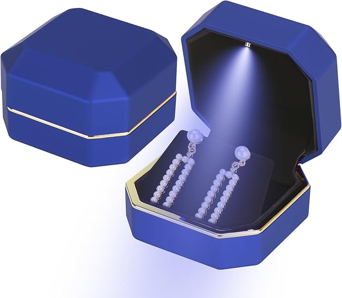 Luxury LED Jewelry Earring Pendant Stud Box, Velvet Earring Necklace Gift Box Storage Case Organizer Holder for Proposal Engagement Wedding Anniversary Birthday Ceremony (Blue)