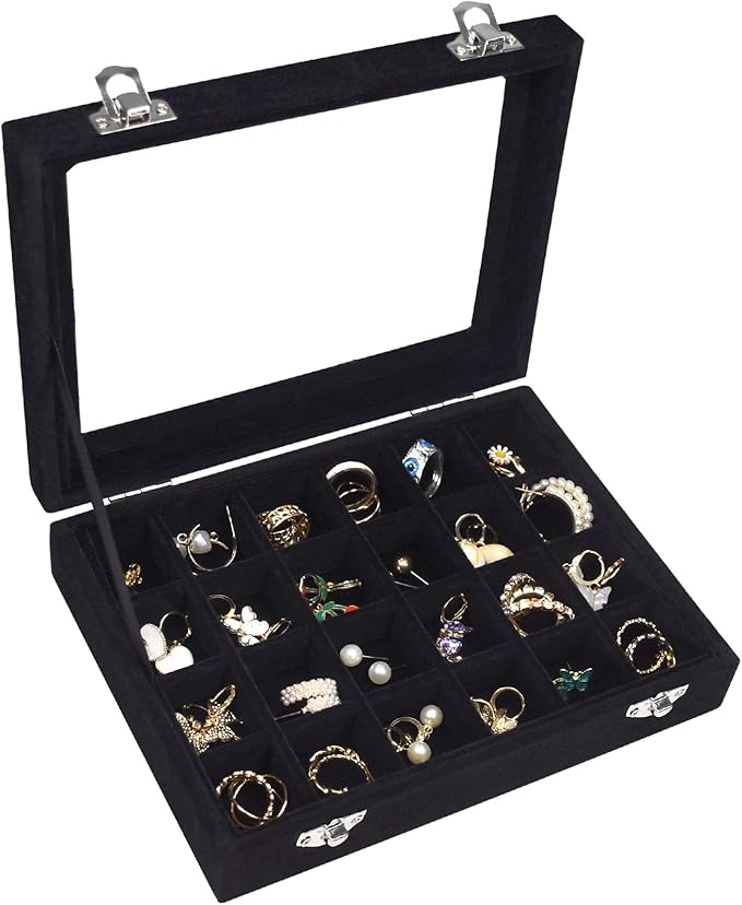 Vicoter Velvet Jewelry Box 24 Grid Jewelry Ring Display Organiser Box Tray Holder Earrings Storage Case for Girls Wife Mom Women (Black)