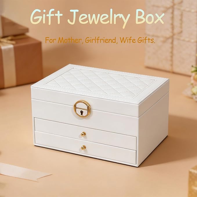 3 Layer Jewelry Box Organizer with Drawers, Lockable PU Leather Jewelry Storage Case for Mothrer's Day gifts Necklace Earring Ring Bracelet Watch, White