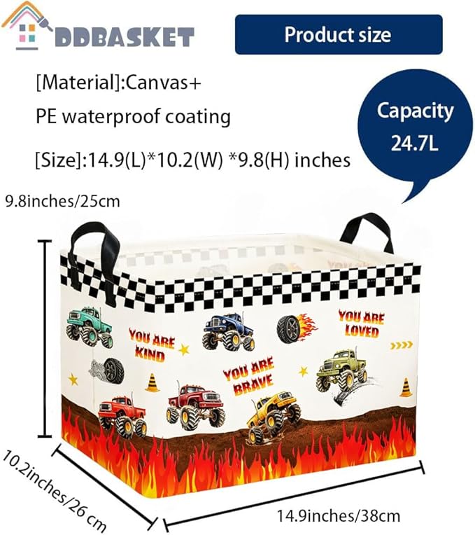 Rectangular Kids Baskets Monster Truck Basket Cute Storage Bins Organizer Box Boys Room Decor for Home.(Flame Racing)