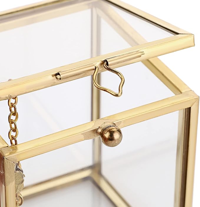 Hipiwe 2 Packs Vintage Glass Jewelry Organizer Box - Small Golden Metal Keepsake Box Desktop Jewelry Organizer Holder, Wedding Birthday Gift, Square Vanity Decorative Box for Dresser Bathroom