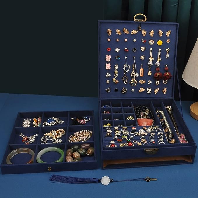 Women Jewelry Box Lockable 3 Layers Large Jewelry Organizer Storage Case for Earrings Necklaces Rings Bracelets,Green Display Jewel Holder (Navy)