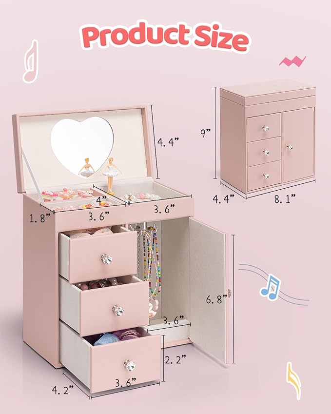 VLANDO Musical Jewelry Box for Girls, Large Kid Music Box with Ballerina for Birthday Bedroom Decor, 4 Layer Girl Jewelry Gifts for Girls Kids - Pink