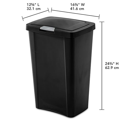 Sterilite 13 Gallon TouchTop Narrow Plastic Wastebasket with Secure Titanium Latch for Kitchen, Bathroom, and Office Use, Black (12 Pack)