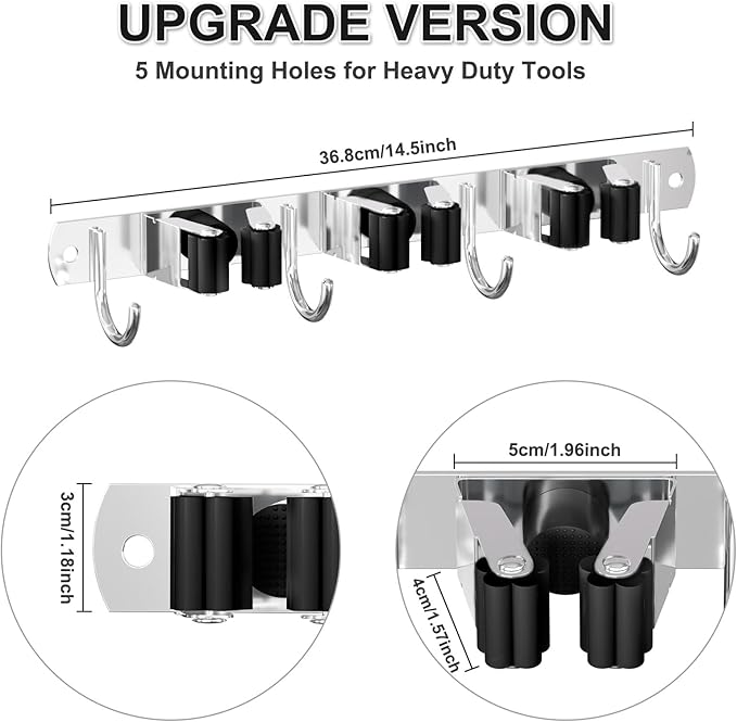 HANZENMA Broom Holder Wall Mount, Broom Organizer Wall Mount Stainless Steel Broom and Mop Hanger Heavy Duty Storage Organization for Home Kitchen Garden Garage Room 3 Racks 4 Hooks Black