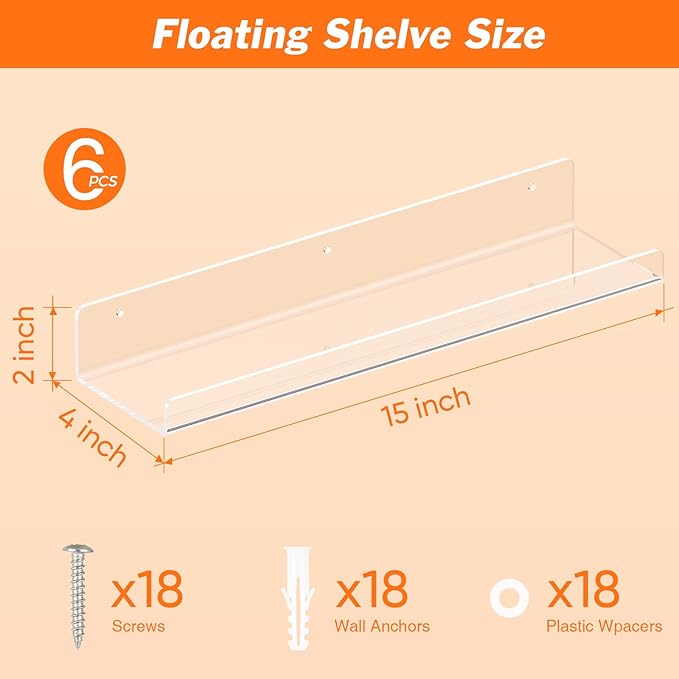 Dooiclear 6 Pack Floating Shelves for Wall, 15" Clear Book Shelf, Acrylic Floating Wall Shelf, Display Shelves Organizer for Bathroom, Classroom, Bedroom, Living Room, Kitchen, Room Decor