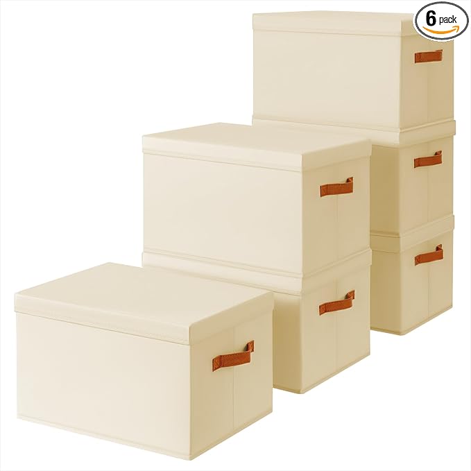 Homsorout Storage Bins with Lids - Large Fabric Closet Bins with Lid, 6 Pack Clothes Organizers and Storage, Collapsible Stackable Cube Basket for Home, Office, Dorm, Beige