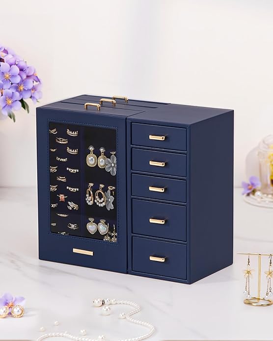 Homde Large Jewelry Box/Organizer/Case with Glass Window, Drawers for Necklaces Earrings Rings Bracelets Watches Gift for Women Girls