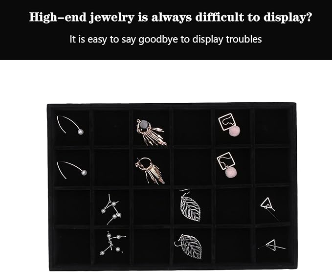 Large Velvet Jewelry Tray, Drawer Organizer for Jewelry in Dresser, Stackable Jewelry Drawer Organizer Inserts for Earring Necklace Bracelet Rings(Black,24grid)
