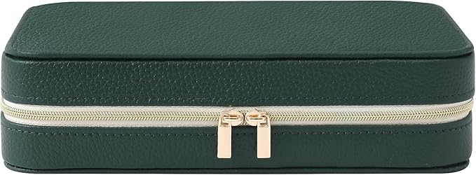 Genuine Leather Travel Jewelry Organizer Case Box with Mirror for Women, Small Mini Portable Jewelry Box for Ring Earrings Necklace Bracelet Luxury Gift for Women（Dark Green）