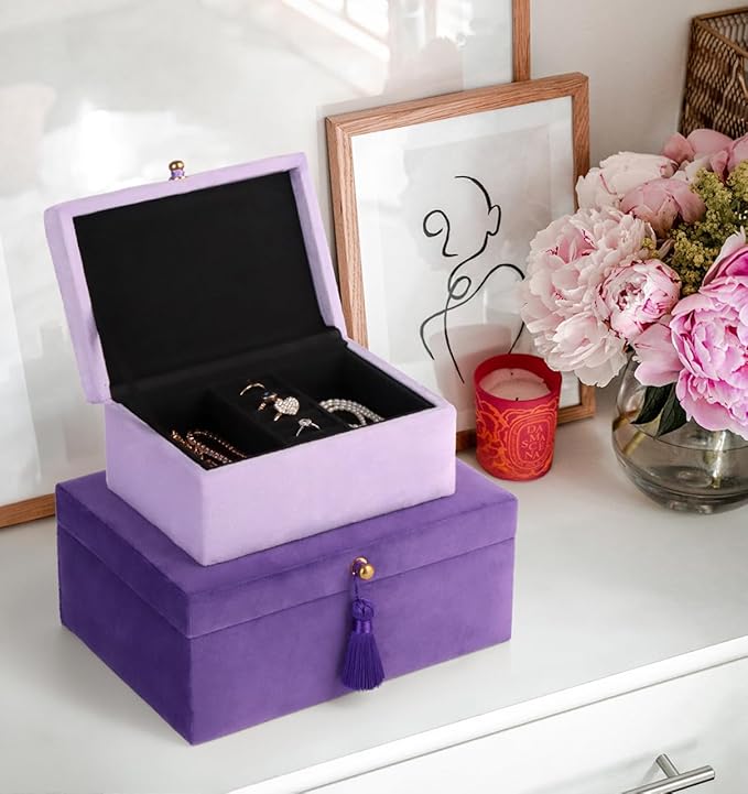 HofferRuffer Velvet Jewelry Boxes Decorative Boxes, Storage Accessory Organizer Boxes with Elegant Handle Decor, Classic Velvet Set of 2 Pieces (Purple)