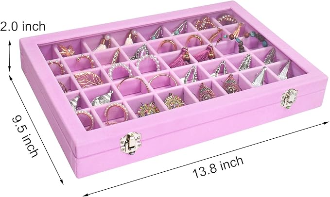 Siveit Velvet Jewelry Tray 48 Grid Jewelry Display Tray Organizer Box with Transparent Lid Rings Earrings Necklaces Pendants Display Box Suitable for Women and Girls (Pink)