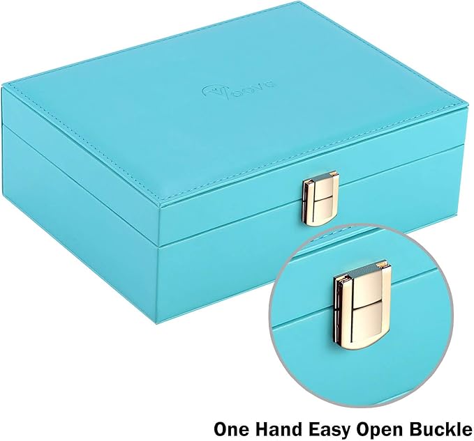 Voova Jewelry Box Organizer for Women Girls, 2 Layer Large Men Jewelry Storage Case, PU Leather Display Jewellery Holder with Removable Tray for Necklace Earrings Rings Bracelets, Gift, Teal/Lake Blue
