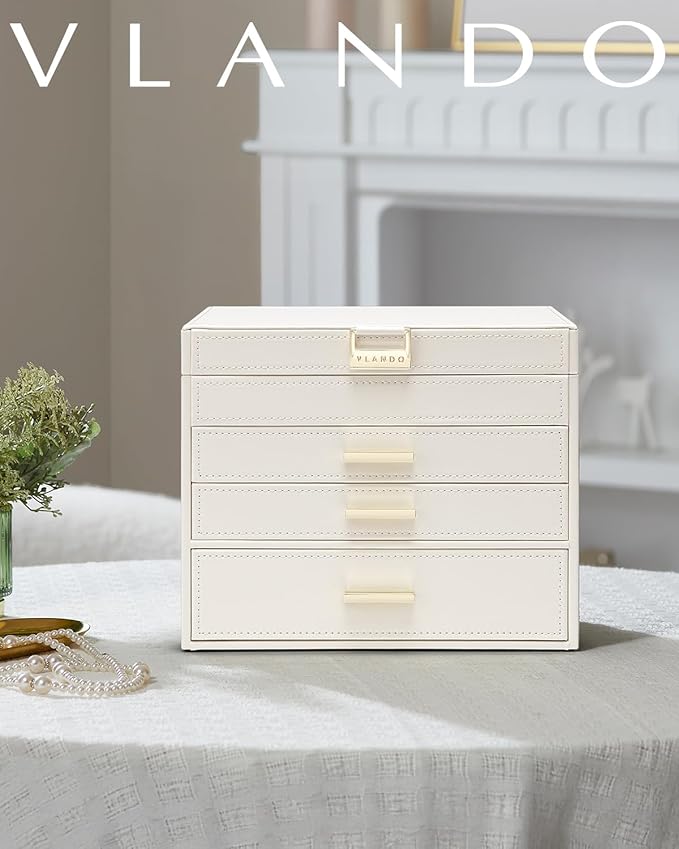 VLANDO 4 Layer Large Jewelry Box - Jewelry Holder Organizer, Jewelry Box Organizer for Drawer Necklace Ring Bracelet and Watch, Birthday Gift for Loved Ones - Beige