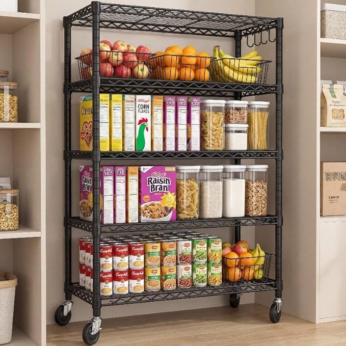 PrimeZone 74''H Wire Shelving 1250lbs 5 Tier Storage Shelves with Wheels NSF Certified Heavy Duty Steel Metal Shelf Adjustable Rolling Rack Kitchen Garage Closet Pantry 4pcs 74''HX36''WX14''D 4pcs