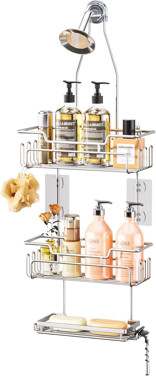 SWTYMIKI Bathroom Shower Caddy Hanging - 3 Tier Rustproof Over Shower Head Organizer, No Drilling Bathroom Shelf with 16 Hooks & Soap Holder, Anti-Swing Rack, Sand Nickel