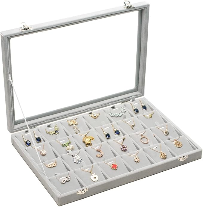 Jewelry Box Necklace Organizer Tray (Grey) Necklace Display Case for Storage Jewelry Display Stand 24 Slot Pendant Holder for Women