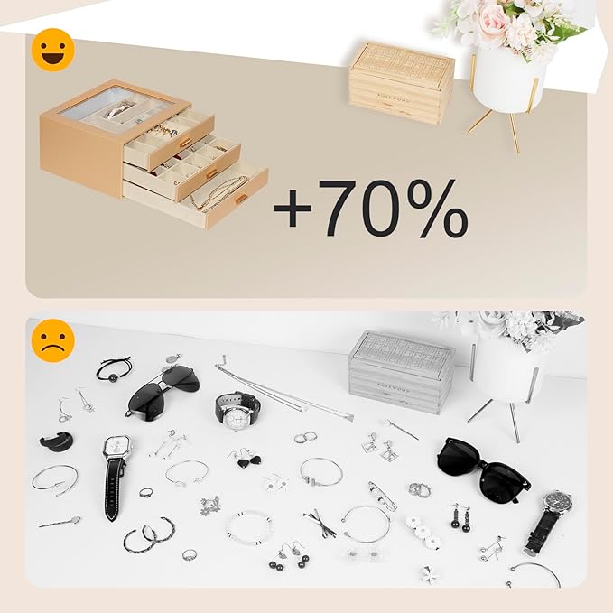 Jewelry Box with Glass Lid, 3-Layer Jewelry Organizer for Women Girls, PU Leather Display Case with 20-Grid Earring Tray & Movable Dividers for Necklaces Rings,Camel