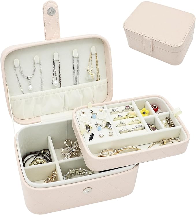 Jewelry Travel Case, 2-Layer Jewelry Box Organizer Medium Jewelry Travel Box, Portable Faux Leather Jewellery Storage Boxes with Argyle for Women, Daily Jewellery Case Home Use (Apricot beige)