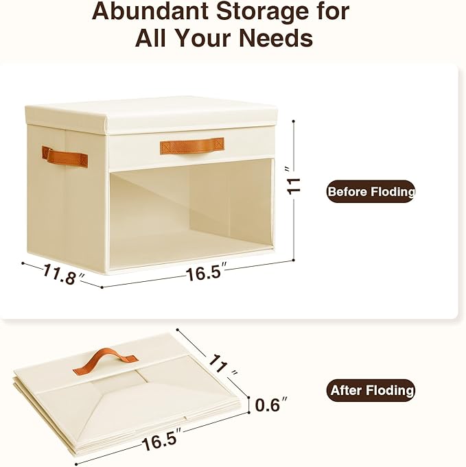 Homsorout Large Storage Bins with Lids - 4 Pack Foldable Decorative Organizers with Clear Windows & Handles, Cube Storage Organizers for Clothes, Blankets, Sweaters, Sheets, Beige