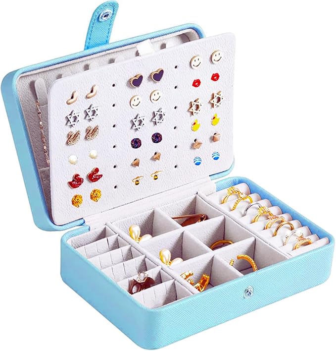 QBestry All-in-One Travel Jewelry Organizer for Women Blue | Small Jewelry Box with 68 Earring Holes | Compact Portable Jewelry Case for Earrings, Rings, Necklaces | Perfect Gifts for Mom Wife Girls