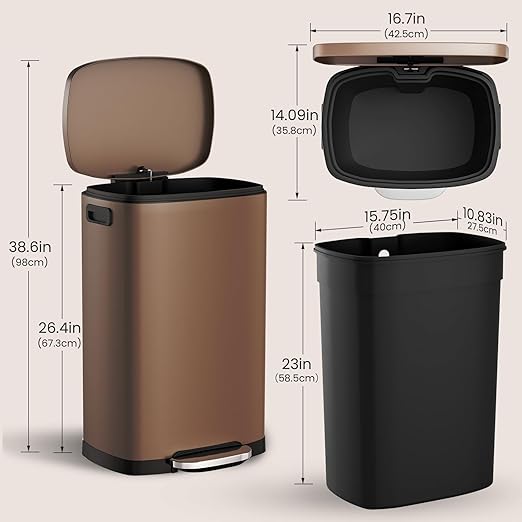 ELPHECO LPHECO Kitchen Trash Can with Lid Soft Close, 13 Gallon / 50L Stainless Steel Pedal Garbage Can, Heavy-Duty Step Wastebasket with 20 Bags, Removable Bucket, Home Office, Kitchen, Brown