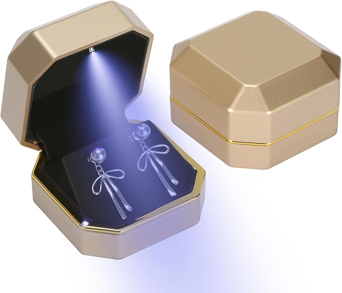 Luxury LED Jewelry Earring Pendant Stud Box, Velvet Earring Necklace Gift Box Storage Case Organizer Holder for Proposal Engagement Wedding Anniversary Birthday Ceremony (Gold)