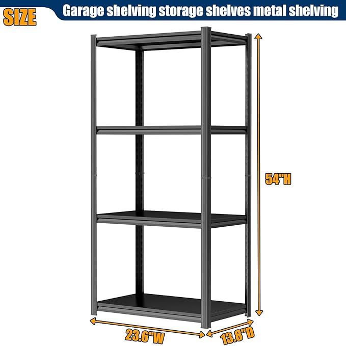 PRESTELION 54" H Storage Shelves 1600LBS Garage Shelving Unit 4-Tier Metal Shelf Adjustable Storage Rack for Basement, Warehouse, Pantry, Closet, Kitchen 54" H x 23.6" W x 13.8" D, Black