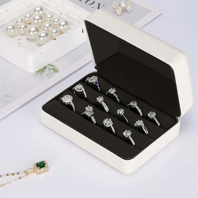 KUKUVR Velet Ring Storage Box for Multiple Rings, Travel Jewelry Ring Stud Earrings Holder Case, 3 Slot Portable Ring Display Organizer Case (White)