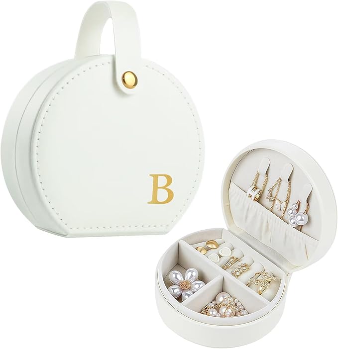 Travel Jewelry Case, Elegant Half-Moon Design with Golden Accents, Detachable Handle, White Personalized Accessory Organizer, Fashion-Forward Gift for Women and Teens(B)