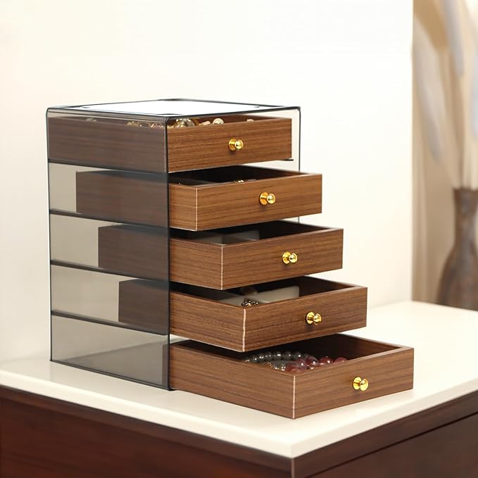 Fordonral Earring Jewelry Organizer Box with 5 Drawers, Plastic Jewelry Storage with Asjustable Velvet Trays, Multiple Display Holder for Earrings Ring Bracelet Necklace (Small-5-Drawer)