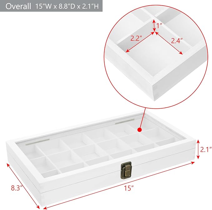 MOOCA Wooden Display Storage Case with Tempered Glass Lid for Jewelry and Beads with 18 Compartments Tray, 15 W x 8 3/8 L x 2 1/8 H in, Wash White Color