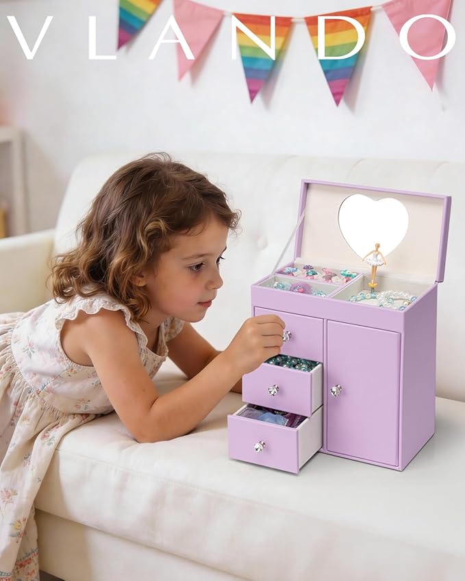 VLANDO Musical Jewelry Box for Girls, Large Kid Music Box with Ballerina for Birthday Bedroom Decor, 4 Layer Girl Jewelry Gifts for Girls Kids - Purple