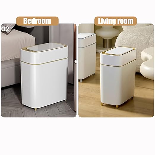 Yatmung 2-Pack - Automatic Compact Trash Can with Touchless Lid Smart Garbage Can - Waste Basket for Bathroom, Bedroom, Laundry Room, Small Spaces - Motion Sensor Trash Bin - White with Gold Edge