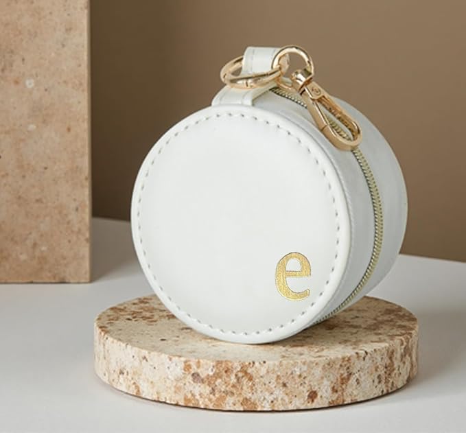 COLLECTIVE HOME - Monogrammed Letter Jewelry Case, Portable Travel Ring Holder Box with Keychain, Personalized Initial Organizer for Earrings Necklaces, Gift for Her (White-e)