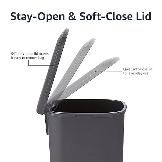 Amazon Basics Compact Plastic Bathroom Trash Can with Soft-Close Lid,Hands-Free Foot Pedal,Removable Inner Bucket,6 Liters,Black,(Pack of 6)