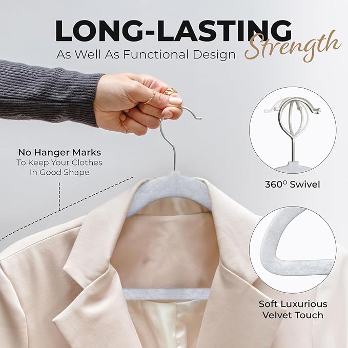 Our Modern Space 30 Pack Velvet Hanger for Shirt Pants Dresses Skirts Suits Jackets - Slim Space Saving Design - Standard Coat Hanger - Sturdy & Durable Design with Shoulder Grooves Hook